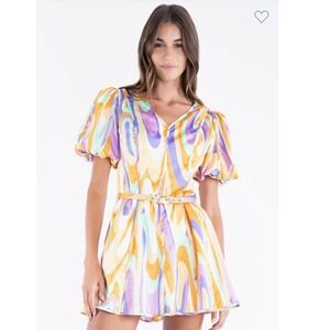 Rosevelvet Psychedelic Swirl Puff Sleeve Mini Dress Orange Purple Small